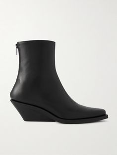 Ann Demeulemeester's unconventional take on minimalist style has earned the brand a loyal following. Taking cues from classic Western styles, these 'Rumi' ankle boots are crafted from supple leather and defined by chic square toes. The wedge heels give just the right amount of lift. Designer Hair Accessories, Suit Shoes, Shoes Boots Ankle, Ballet Pumps, Ann Demeulemeester, Rumi, Shoes Booties, Clothes Collection, Minimalist Style