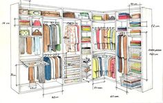 an open closet with clothes and other items on the shelves, labeled in blue marker