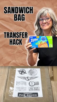 a woman holding up a sandwich bag in front of an advertisement for ziploc