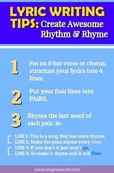 an info sheet with the words music writing tips create awesome rhythm and rhym