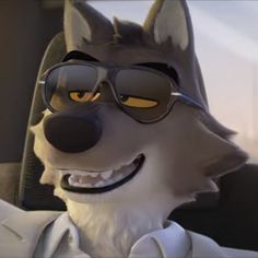 a cartoon wolf wearing sunglasses and sitting in a car