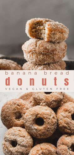 fluffy vegan banana bread donuts stacked on each other and piled into a bowl Gluten Free Vegan Donuts Baked, Gluten Free Banana Donuts Baked, Egg Free Donuts Baked, Vegan Doughnuts Recipe, Carrot Cake Donuts Baked, Vegan Baked Donut Recipe, Vegan Donuts Baked, Cinnamon Sugar Banana Bread, Gluten Free Vegan Dessert