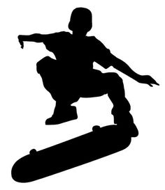 the silhouette of a skateboarder is shown in black and white on a white background