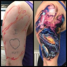 before and after photos of a tattoo cover up