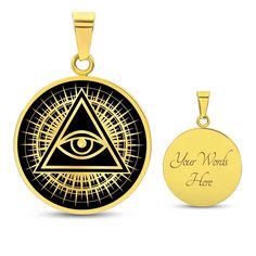 "Unique Personalized All Seeing Eye Necklace!  ➜ Our patent-pending jewelry is made of high quality surgical steel with a shatterproof liquid glass coating to protect the high resolution printed image. ➜ Our jewelry is hand-made in the U.S.A. This Eye Of Providence Necklace Is the Perfect Keepsake! Whether for Yourself or a Loved One. ➜ If the custom engraving option is available, engrave onto the back of the pendant your loved one's name, your wedding date, an anniversary, or anything else you want to remember and keep you close to her heart. Each personalized piece offers exceptional craftsmanship that is fit to be an instant classic in your family. You can add 2 lines and each up to 20 characters long (including spaces).  Product Dimensions ➜ Luxury Necklace: 18-22\" (45-56cm) adjustabl Customized Black Stainless Steel Necklace, Customizable Black Stainless Steel Necklaces, Customized Black Round Jewelry, Symbolic Personalized Stainless Steel Jewelry, Personalized Symbolic Stainless Steel Jewelry, Spiritual Stainless Steel Jewelry Round Shape, Spiritual Stainless Steel Jewelry, Customizable Symbolic Round Jewelry, Laser Engraved Symbolic Round Jewelry