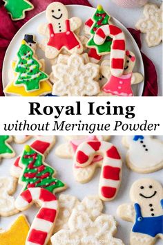 royal icing without meringue powder on a plate with christmas cookies and candy canes