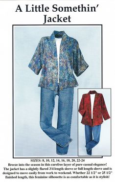 an image of a woman's jacket and pants in the sewing pattern for a little something jacket