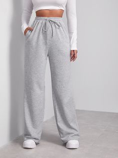 Light Grey    Polyester Plain  Embellished Non-Stretch All Women Bottoms Melton Pants, Sweatpants Shein, Celana Jogger Wanita, Jogging Outfit, Sporty Pants, Drawstring Waist Pants, Chic Jeans, Drawstring Sweatpants, Wide Leg Sweatpants