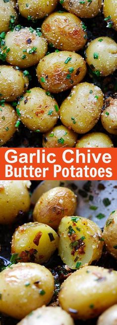 garlic chive butter potatoes in a skillet with the title overlay that reads garlic chive butter potatoes