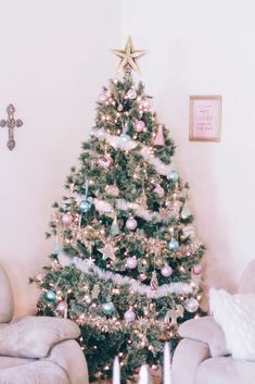 a decorated christmas tree in a living room