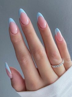 Icy blue French tips in almond shape Creative Backyard, Nail Aesthetic, Her Nails, Almond Acrylic Nails, Blue Nail, Summer Chic