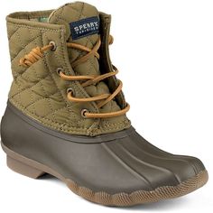 Duck Inspired Wet Weather Boot Offered with Quilted Nylon Shaft Rawhide Barrel Lacing with Rust Proof Eyelets for Secure Fit Micro-Fleeced Lining Provides Warmth Under Foot Non-Marking Rubber Lugged Outsole with Wave-Siping for Ultimate Wet/Dry Traction How To Wear Duck Boots, Olive Shoes, Sperry Boots, Sperry Women's, Duck Boot, Green Boots, Boating Outfit, Weather Boots, Boots Sneakers