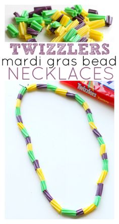 two different necklaces made out of beads on a white surface with the words twizzlers mardi gras bead necklaces