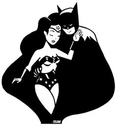 batman and catwoman silhouetted in black and white with stars on their chests