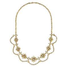 A late Victorian pearl, diamond and gold necklace, consists of seven graduated from the centre flower heads, each with an old cut diamond surrounded by six pearl-set petals, the flowerheads between eight pearl set bars with lily-of-the-valley motifs, connected with seven pearl-set festoons, and suspended by a pearl-set chain, the diamonds estimated to weigh 0.9 carats, all mounted in yellow gold with box clasp, circa 1900, unmarked, tested as 14ct gold, measuring 37 x 2.8cm, gross weight 29.7 gr Diamond And Pearl Necklace, Victorian Pendant Necklace, Dramatic Necklace, Trinket Jewelry, Natural Pearl Necklace, Victorian Pendants, Pearl And Diamond Necklace, Cultured Pearl Necklace, Antique Pendant