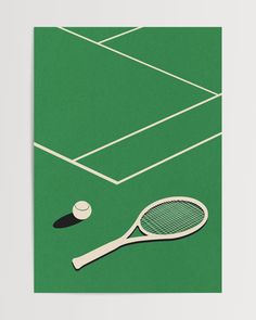 a tennis racket and ball on a green court with white lines in the background