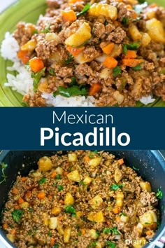 mexican picadillo with rice and vegetables on a green plate