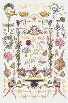 an ornate design with flowers, birds and other things in the background on white paper