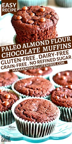 Paleo chocolate muffins on a blue cake stand. Paleo Chocolate Muffins, Gluten Free Chocolate Muffins, Cake Cravings, Sugar Free Muffins, Turtle Coffee, Dairy Free Muffins, Muffins Chocolate, Breakfast Chocolate, Almond Flour Muffins