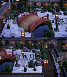 two pictures of a japanese garden at night