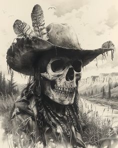 a black and white drawing of a skull wearing a hat with feathers on it's head