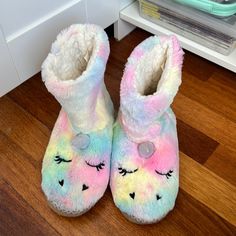 Like New Slippers Super Soft Brand New Fun Multicolor Non-slip Slippers, Fun Multicolor Round Toe Slippers, Playful Multicolor Round Toe Slippers, Cute Multicolor Slippers With Round Toe, Yellow Round Toe Indoor Slippers, Unicorn Slippers, Navy Shoes, Navy Pink, Pink Yellow