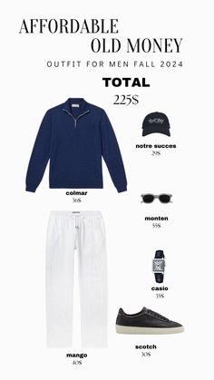 Get the timeless 'Old Money' look for less! This affordable Fall 2024 men's outfit combines luxury vibes with budget-friendly pieces. Featuring a classic Colmar sweater, Mango pants, and stylish Scotch sneakers, this outfit delivers sophisticated style on a budget. Complete the look with accessories like a Casio watch and Notre Succès cap. Elevate your wardrobe with this chic yet accessible ensemble! #OldMoney #MensFashion #AffordableStyle #FallOutfit #FashionInspo Very Casual Outfits Simple, Elegant Mens Outfits, Old Money Look Men, Old Money Pants, Old Money Aesthetic Fall, Outfit Ideas Old Money, Luxury Vibes, Style On A Budget, Cloth Ideas