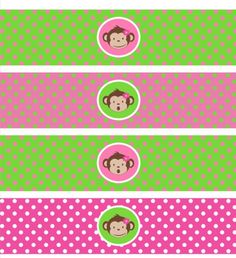 three pink and green polka doted labels with monkeys in the middle, one on top of