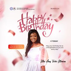 an advertisement for a birthday party with a woman in a white dress and pink confetti