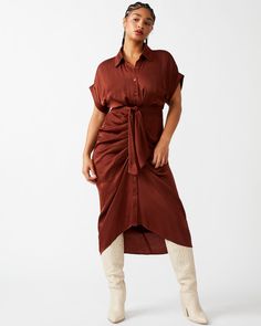 Trendy Work Outfit, Satin Texture, Steve Madden Store, Rolled Collar, Apparel Merchandising, Tie Front Dress, Feminine Dress, Midi Shirt Dress, Feminine Outfit