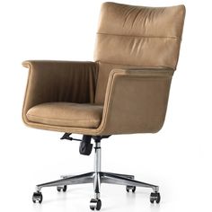 an office chair with wheels and leather upholstered on the back, in front of a white background