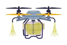 a yellow and blue flying device with propellers