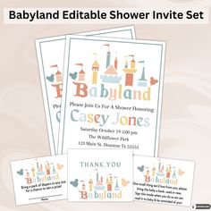 the baby shower party is set up in three different colors and designs, including castle