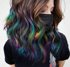 Oil Slick Money Piece Hair, Oil Slick Hair Color Curly, Brown Oil Slick Hair, Dark Prism Hair, Oil Slick Hair Color Brunettes Peekaboo, Crazy Hairstyles