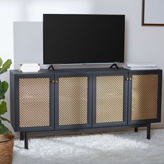 a flat screen tv sitting on top of a wooden cabinet next to a potted plant