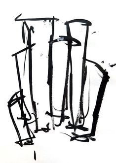 black and white ink drawing of three tall poles with long sticks sticking out of them