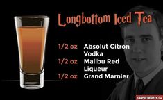 a tall glass filled with liquid next to a black and white poster that says longbotton iced tea