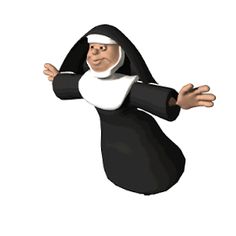 an animated nun is in the air with her arms outstretched