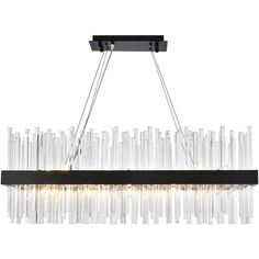 a large rectangular chandelier with clear glass tubes hanging from it's center