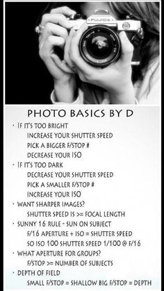 a woman holding a camera up to her face with the words photo basics by d above it