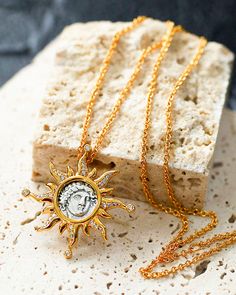 Chain Metal：18ct Gold Plated on Brass Pendant Metal：18ct Gold on Brass(Flame) / 925 Silver (Coin) Gemstone：Cubic Zirconia Length：410mm+50mm / 16.1”+2” Weight: 7g Apollo Sun God, Silver Coin Necklace, Sun God, Silver Coin, Brass Pendant, Coin Necklace, Gemstone Bracelets, Silver Coins, Bracelet Stack