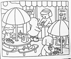 a coloring book page with people and dogs at a table in front of an umbrella