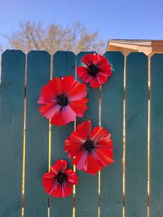 three red flowers are hanging on the fence behind it is a green wooden fence and there is a blue sky in the background