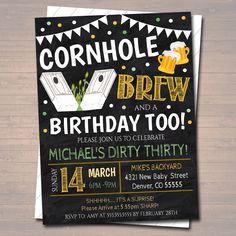 this is a chalkboard birthday party card with beer and mitts on the front