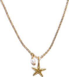 Starfish-shaped Necklace With Pearl Charm For Gift, Gold Starfish Necklace With Lobster Clasp, Dainty Gold Starfish Necklace, Dainty Gold Starfish Jewelry, Dainty Starfish Gold Jewelry, Gold Starfish Charm Necklace, Gold Charm Necklace With Starfish Charm, Gold Starfish Jewelry With Pearl Charm, Gold Starfish Shaped Dainty Jewelry