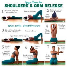 a woman doing yoga poses for shoulders and arm releasees with the instructions on how to do