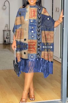 Lasaky - Blue Print Wrap Front Skirt with Fringed Hem and Batwing Sleeves Dress With Fringe, Formal Party Dress, Hip Dress, Neck Wrap, Yellow And Blue, Hot Outfits, Skirt Design, Batwing Sleeve, Blue Print