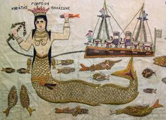 an image of a mermaid with fish and ship in the background on a piece of cloth