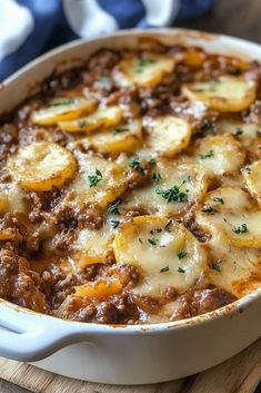 a casserole dish with cheese and meat in it on a cutting board next to a fork