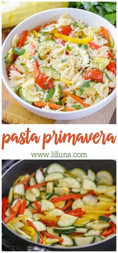 pasta prima veggie in a pan with the title above it, and an image of